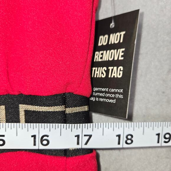 Ashley Stewart Womens 14/16 Red Midi Dress Black Mesh Sleeves Greek Key Trim NWT - Picture 8 of 12